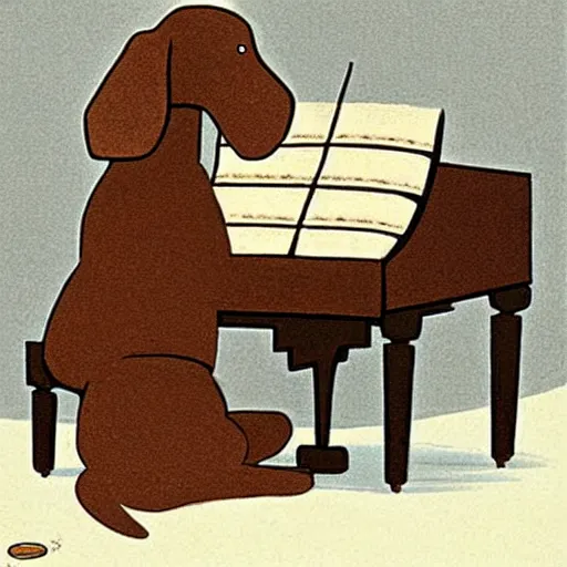 Image similar to a brown spaniel with a white chest , sat down playing a grand piano.modern. Cartoon. Artwork. no text