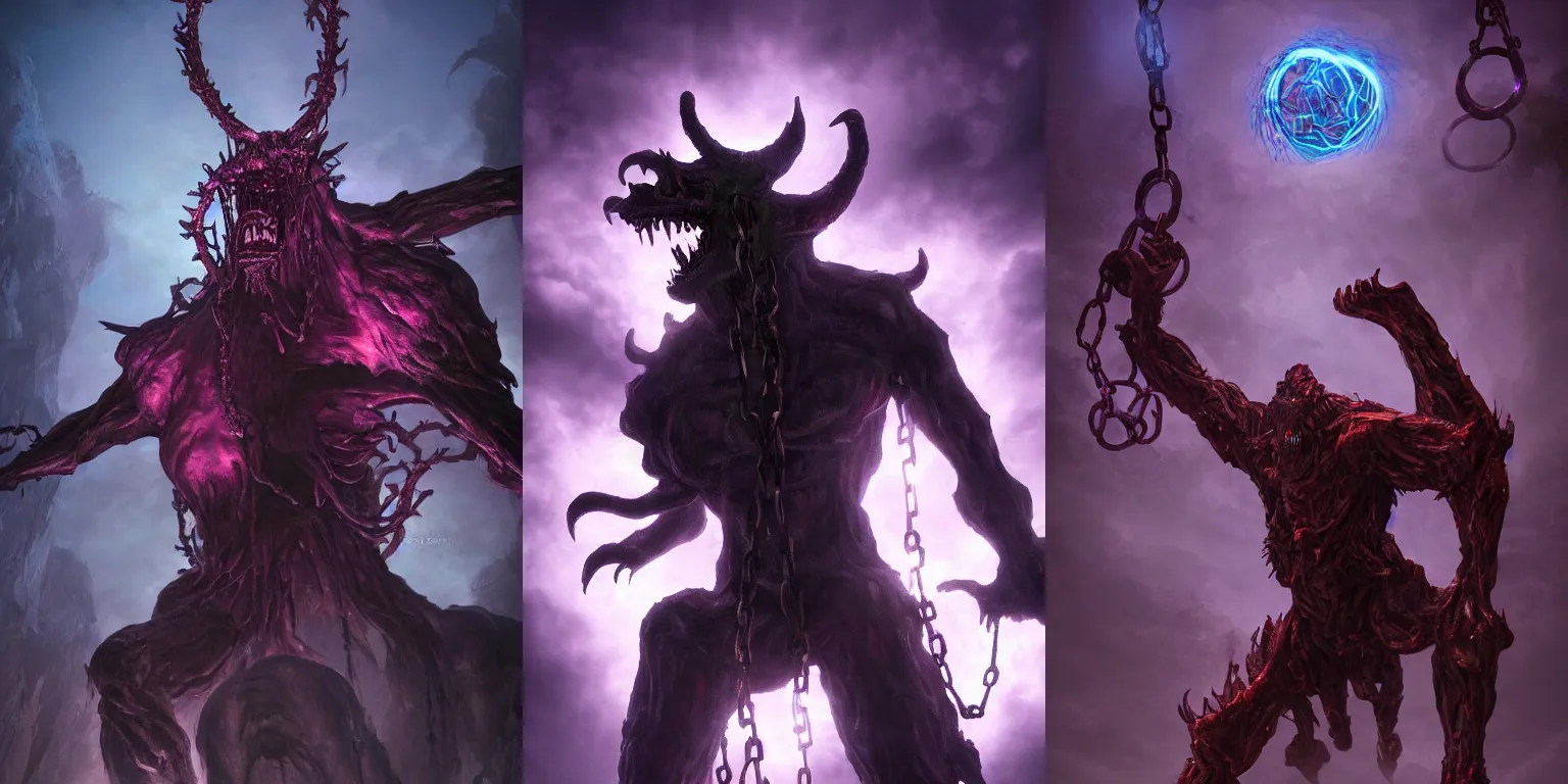 Prompt: Giant demonic abomination statue. Howling. Enchained, chains, restrained. Bloom, volumetric lighting. Purple lighting. Dark fantasy, digital painting, HD, 4k, detailed, vibrant, horror.