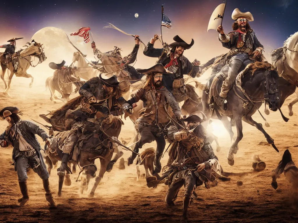 Prompt: cowboys and pirates fighting on the moon, cowboys have horses, pirates have cannons, High Definition detail, 8K, photograph