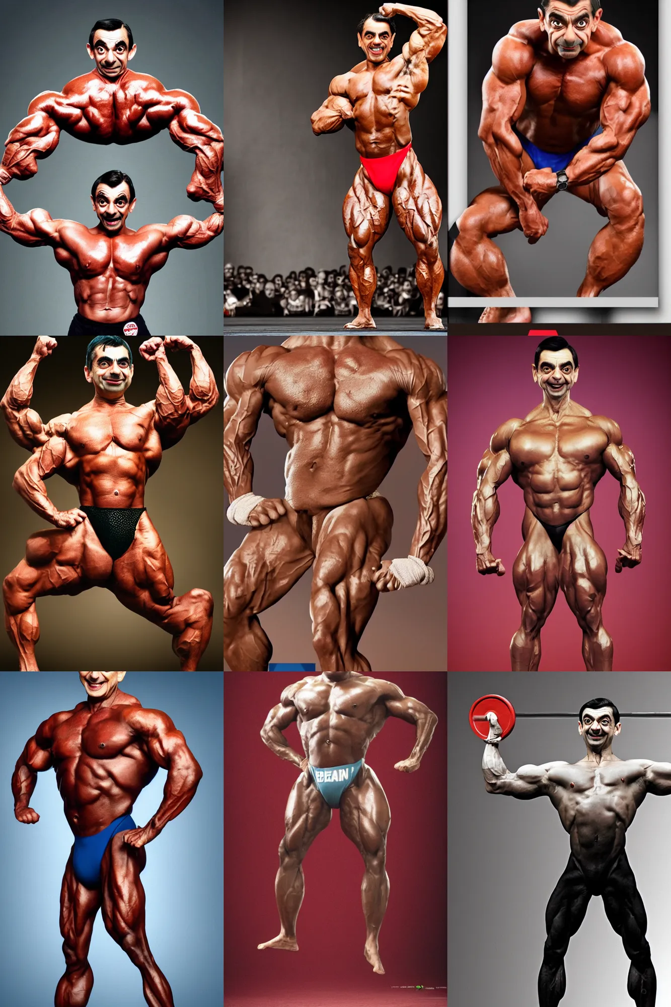 Prompt: a portrait photograph of mr. bean mr. bean as a bodybuilder in a bodybuilding competition, bodybuilder, hyper realistic, 4k, detailed