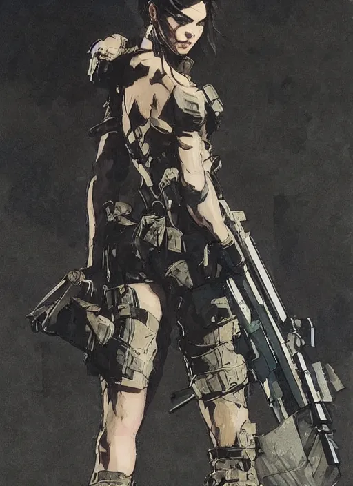 Prompt: kendall Jenner wearing metal gear armor holding gun dramatic lighting art by Richard Schmid by Hokusai by Yoji Shinkawa by greg rutkowski by Sandra Chevrier cinematic dramatic