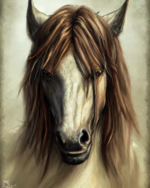 Image similar to ''face portrait of a rugged horse, fantasy, mountain landscape, d & d, digital painting, artstation, deviantart, concept art, illustration, art by dragolisco and anne stokes and nico niemi''