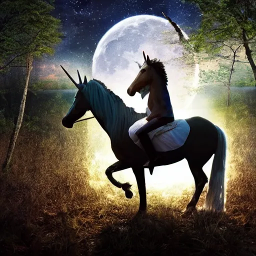 Image similar to close photo of morgan freeman riding an unicorn, in the middle of a forest, in the moonlight, night realism, 4 k, octane render, award winning photograph