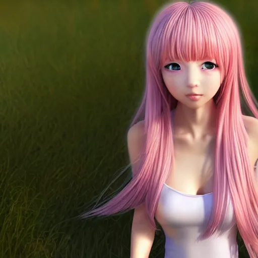 Image similar to Render of a beautiful 3d anime woman, long light pink hair, full bangs, hazel eyes, cute freckles, full round face, soft smile, Chinese heritage, cute checkerboard sundress, golden hour, serene beach setting, medium shot, mid-shot, hyperdetailed, trending on Artstation, Unreal Engine 4k