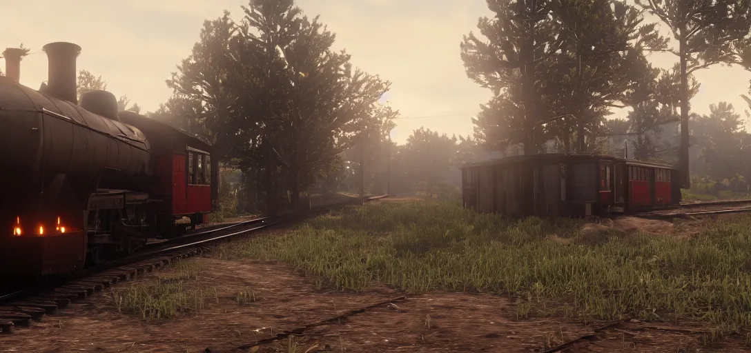 Prompt: A train in red dead redemption 2, screenshot, high quality image, widescreen, 8k, octane render