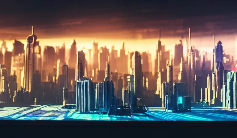 Image similar to large group of people in simple warehouse, looking at hologram of futuristic city on a table, cinematic concept art, godrays, golden hour, natural sunlight, 4 k, clear details, tabletop model buildings, center model buildings, hologram center, crane shot, crane shot, crane shot