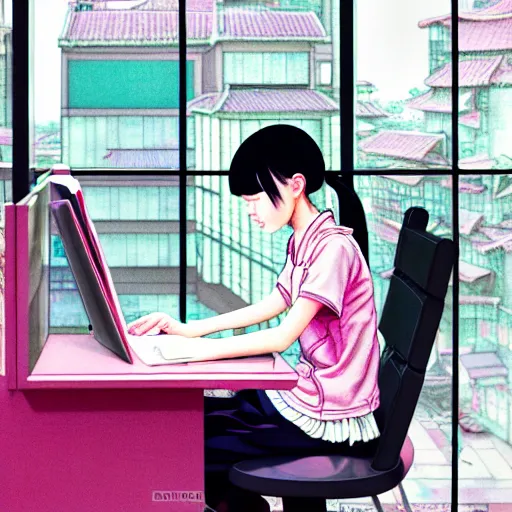 Image similar to full view of girl studying at her future computer, in taipei, style of yoshii chie and hikari shimoda and martine johanna and studio ghibli, highly detailed