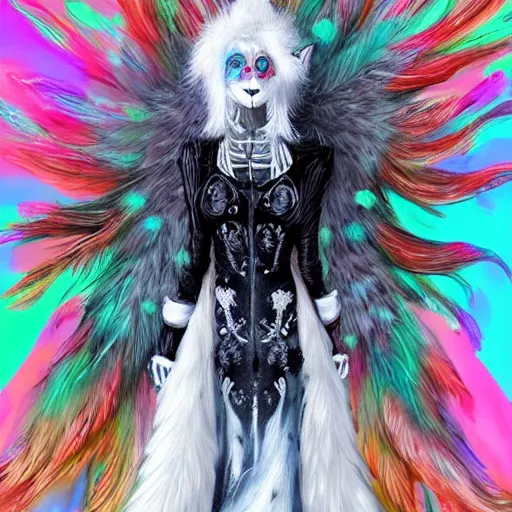 Prompt: photorealistic painting of a skeletal fox character, long fluffy white fur and ears, mage clothes inspired by a melanistic peacock, 9 brilliant peacock tails that shimmer like crow feathers and oil, painted by a master artist, sparkles, pink cloud background, vhs effects, dnd beyond, fae, neon, photo realistic, renaissance, trending on art station