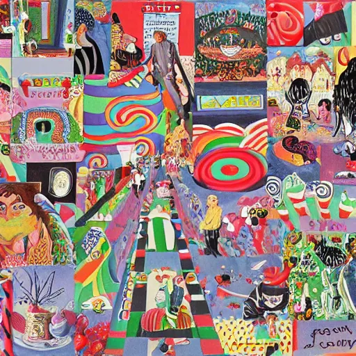 Image similar to candy land collage in the style of Klaus Voormann, 1960s illustration, high quality, peppermint motif