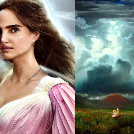 Prompt: royalty angel, big wings, argentina, natalie portman, hudson river school, max rive, full plate armor, f 1 6, bokeh, gentle, female, snowy mountain, storm clouds, god rays, close up portrait, d & d, fantasy, elegant, teal pink white gold color palette, concept art, roger deakins and greg rutkowski and alphonse mucha