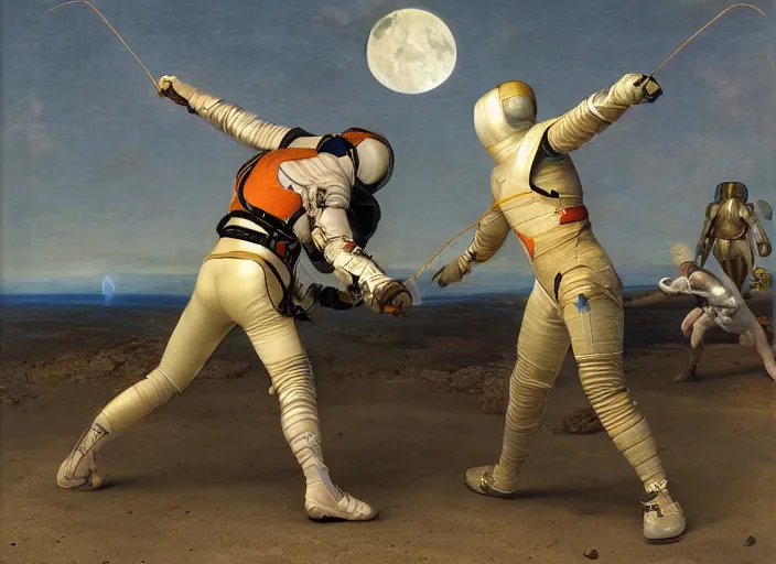 Image similar to a fencing match on the moon by edgar maxence and caravaggio and michael whelan and delacroix style, artistic, intricate painting, cinematic lighting, hyper realistic, extremely detailed, establishing shot, 8 k resolution, dramatic lighting