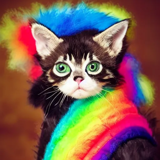 Image similar to wide angle full body, jacket wearing fluffy cute rainbow kitten wearing a black leather motorcycle jacket, cinematic concept art