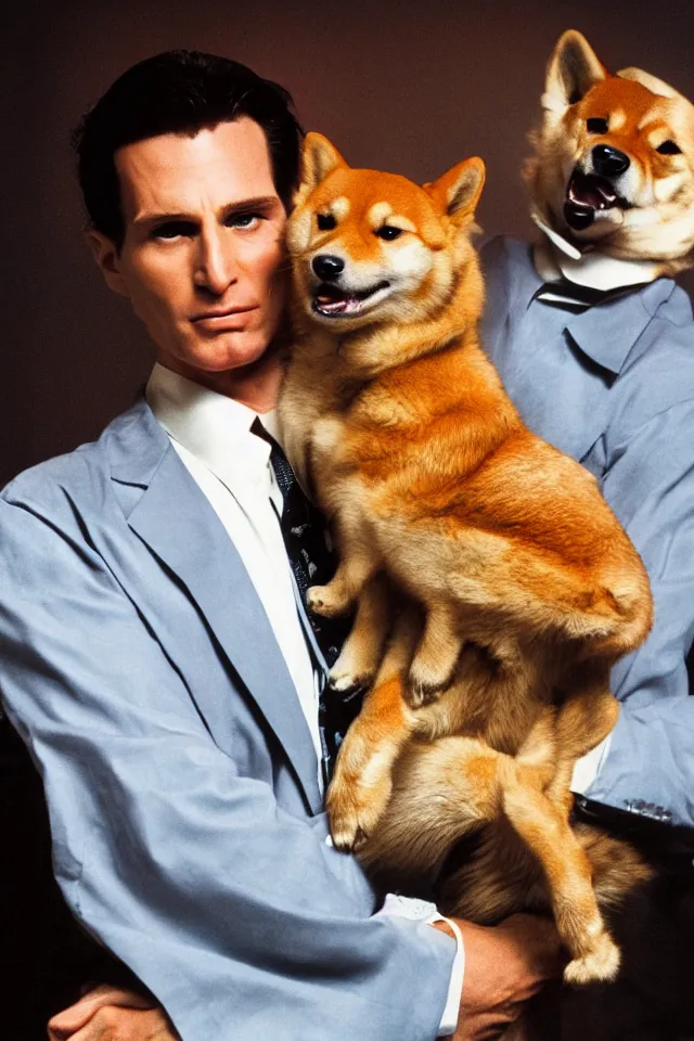 Image similar to a highly detailed portrait of patrick bateman from american psycho holding a shiba inu in his arms, hyperrealistic, highly detailed, 8 k, canon 2 4 mm f / 1. 4 lens,