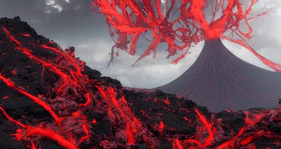 Prompt: a volcano made of ivory vines and crimson rocks enters in eruption, it spits a smoke in the shape of demonic eye, by Wit Studio