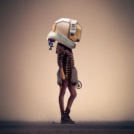 Image similar to a fashion model in astronaut helmet, creative, brown skin, digital art, photo manipulation, artstation, standing, cyberpunk, giant, street, duck shoes, up there, photoshop, people