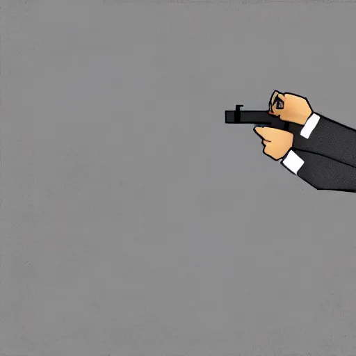 Image similar to a dog in a man's body wearing a business suit and pointing a gun, Digital art