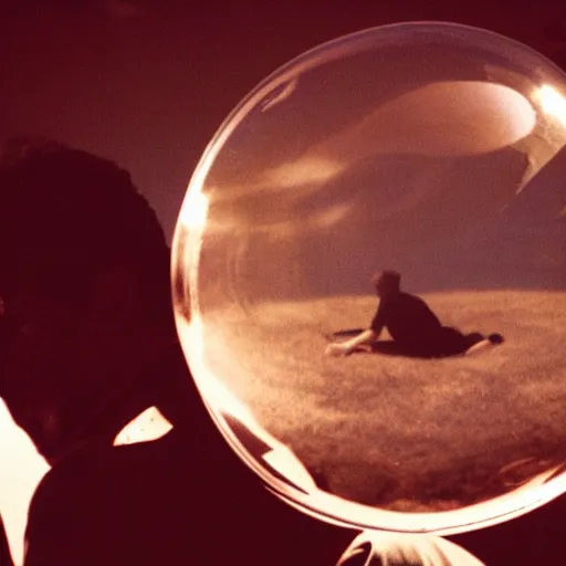 Image similar to movie still of a man inside a bubble, artsy film, beautiful composition, 3 5 mm film