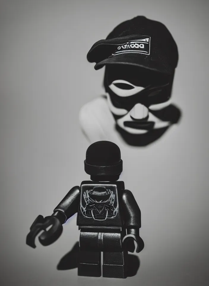 Image similar to macro photo of evil man lego figure in black adidas sportswear, black cap on head, ambient lighting