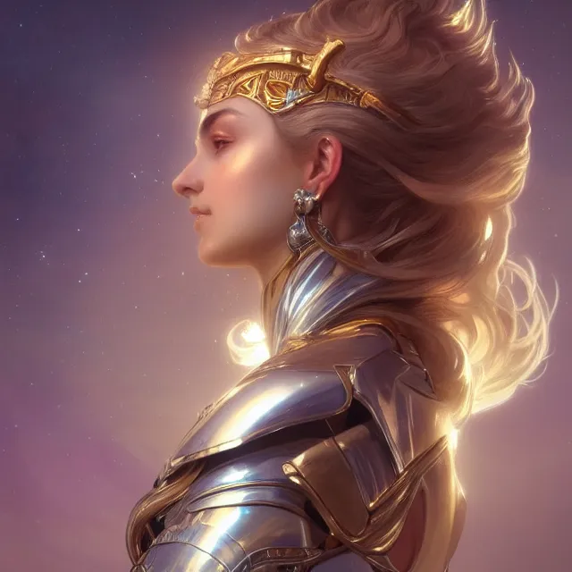 Prompt: close up portrait of a beautiful fantasy female goddess wearing shiny silver armor, glowing hair, glowing light armor, subsurface scattering, ethereal, artistic, temple background with light rays, fantasy atmosphere. art by artgerm, greg rutkowski and alphonse mucha, 3 d artstation octane render,