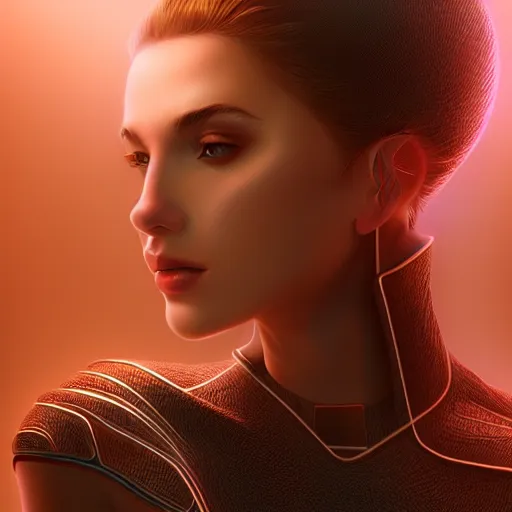 Image similar to beautiful futuristic young woman, diffuse lighting, fantasy, intricate, highly detailed, lifelike, photorealistic, digital painting, artstation, illustration, concept art, smooth, sharp focus