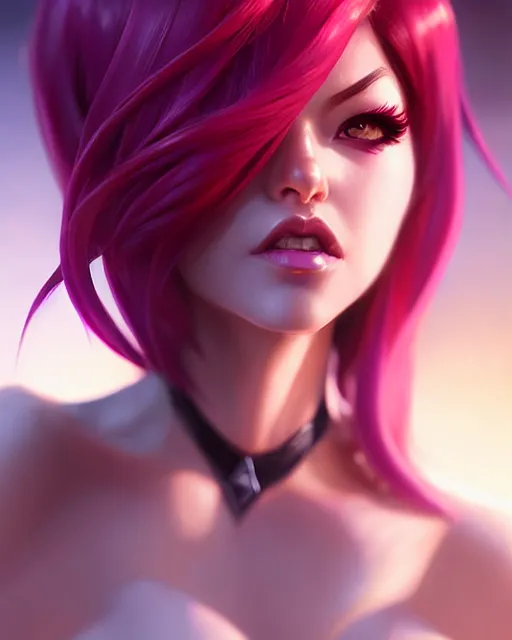 Image similar to portrait Evelynn character league-of-legends game flamed hair sharp fine-face, pretty face, realistic shaded Perfect face, fine details. Anime. Evelynn league-of-legends game realistic shaded lighting by artgerm, rutkowski Jeremy Lipkin and Giuseppe Dangelico Pino and Michael Garmash and Rob Rey