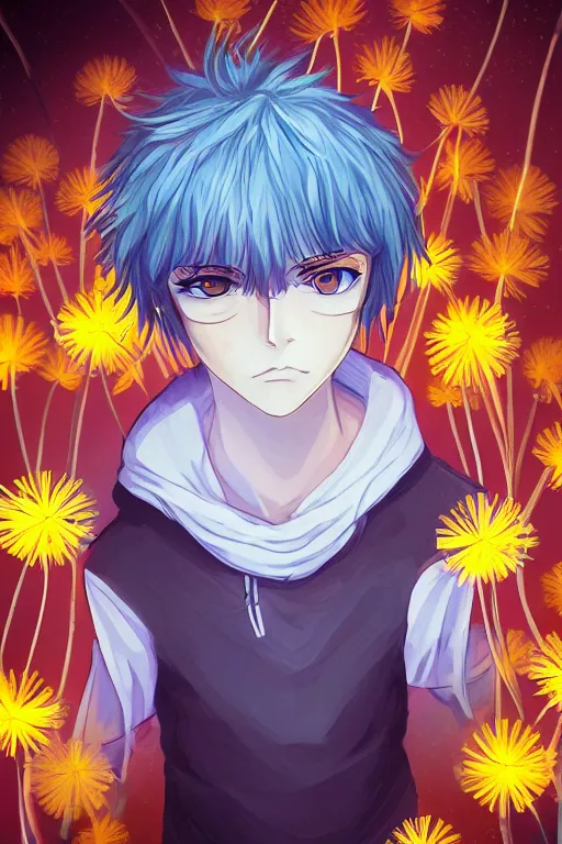 Image similar to amber glowing luminescent dandelion male anime character, symmetrical, highly detailed, digital art, sharp focus, trending on art station, amber eyes, autumnal colours