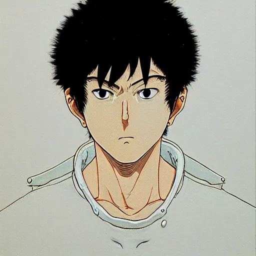 Image similar to prompt: Akira portrait face drawn by Katsuhiro Otomo, inspired by smithe one, magical and alchemical objects on the side, soft light, white background, intricate detail, intricate ink painting detail, sharp high detail, manga and anime 2000