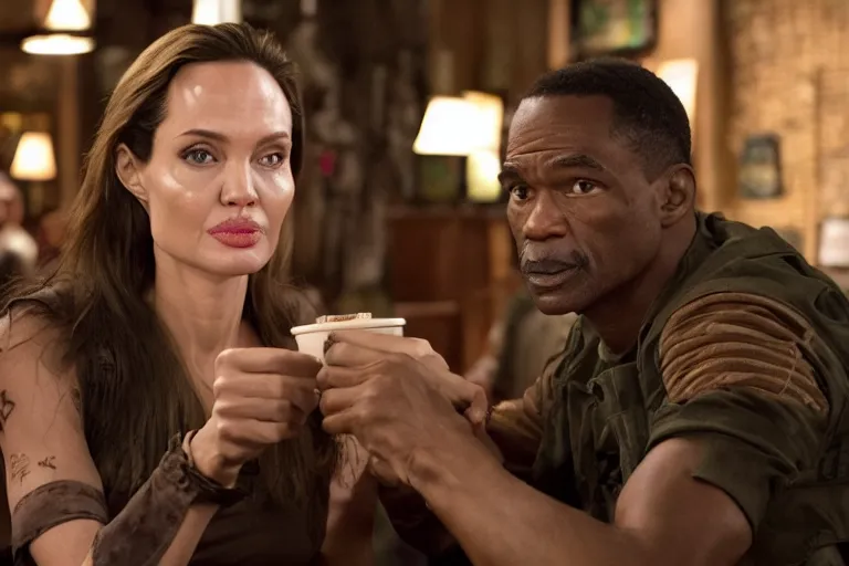 Image similar to The Predator (2018), Angelina Jolie, best friends, drinking coffee at central perk, still photo, hyperrealistic, 35mm, 8k, by weta digital