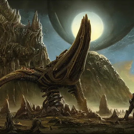 Image similar to aliens on a strange planet, fantasy art, matte painting