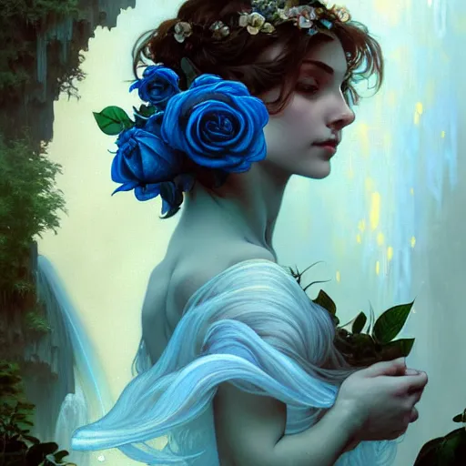 Image similar to A young woman holding two blue roses behind a waterfall, face, fantasy, intricate, elegant, highly detailed, digital painting, artstation, concept art, smooth, sharp focus, illustration, art by Krenz Cushart and Artem Demura and alphonse mucha