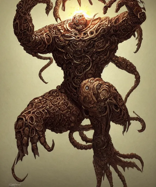 Image similar to hziulquoigmnzhah, the god of cykranosh, a spheroid body, elongated arms, short legs, head dangling underneath, fantasy, intricate, elegant, highly detailed, digital painting, artstation, concept art, matte, sharp focus, illustration, art by keith thompson and christopher lane