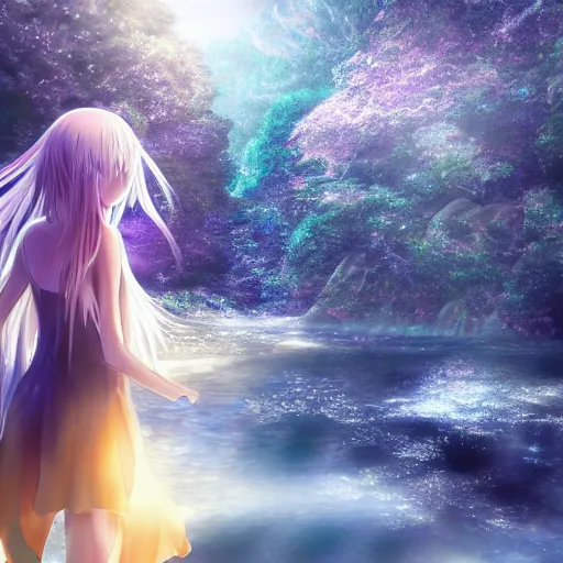 Image similar to advanced digital anime art, WLOP , a gorgeous high school girl with long gold and silver hair wearing a violet dress and bare feet walking through a crystal clear river, DOF, Gaussian Blur,