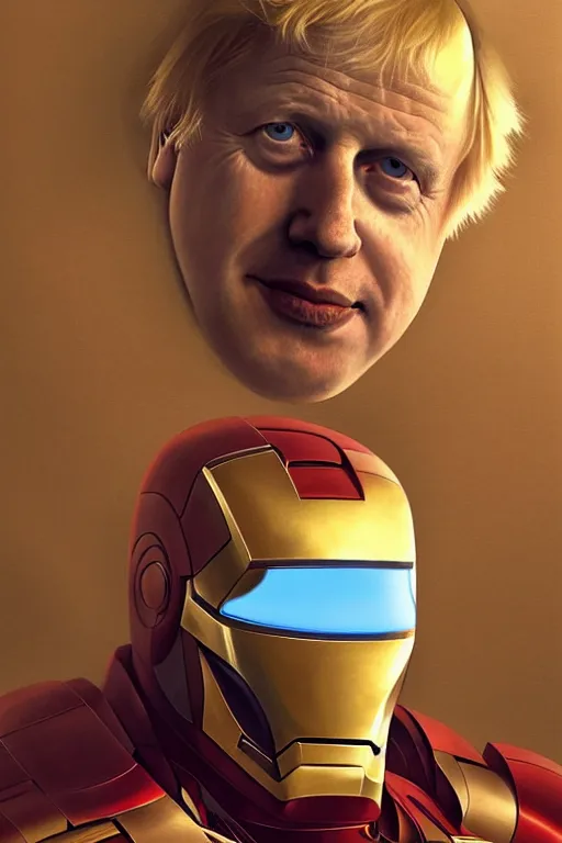 Image similar to Boris Johnson in the Iron Man suite wit NO HELMET, visible face, Boris Johnson head, portrait, gold and blue, highly detailed, digital painting, artstation, concept art, smooth, sharp focus, illustration, cinematic lighting, art by artgerm and greg rutkowski and alphonse mucha