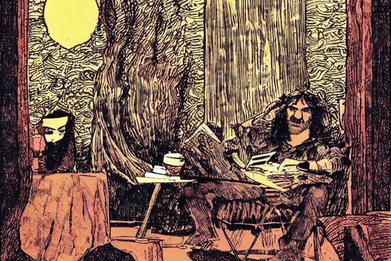 Prompt: a man with long hair reading tarot cards, by moebius