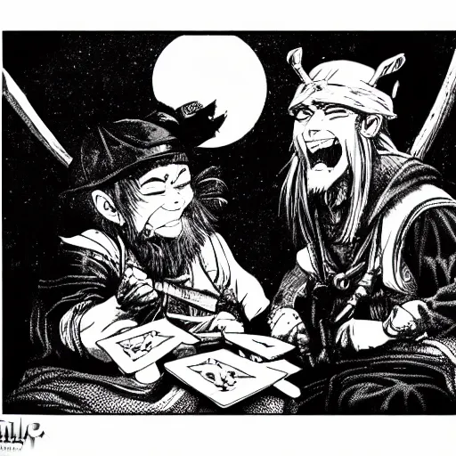 Image similar to precisely drawn illustration of anime two dwarf bandits laughing, old-fashioned tarot card, victorian playing card, sepia tone, wide angle, sharp, fine details, anime, manga, cyberpunk, intense line art, 8k, precise linework, realistic, shaded lighting by katsuhiro otomo ghost-in-the-shell, magali villeneuve, artgerm, rutkowski Jeremy Lipkin and Giuseppe Dangelico Pino and Michael Garmash and Rob Rey