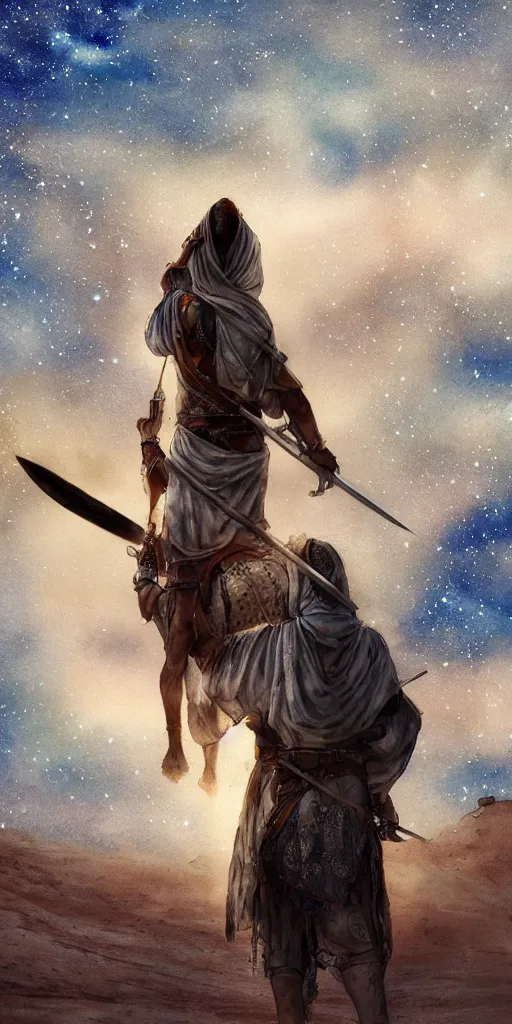 Image similar to an arab person with swords on his back standing in the desert with sky with stars in watercolor, cinematic, highly detailed wide, atmospheric lighting, muted colors
