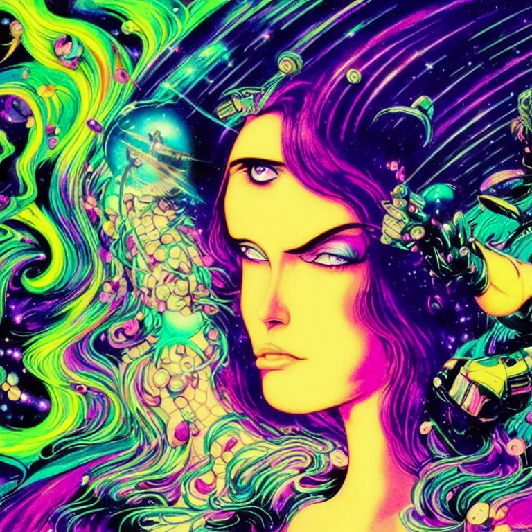 Image similar to cosmic maiden, head shot, mcu, realistic face, crystal, bright neon colors, highly detailed, cinematic, eyvind earle, tim white, philippe druillet, roger dean, lisa frank, aubrey beardsley