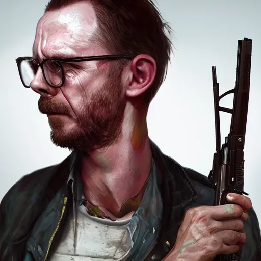 Image similar to simon pegg portrait, horror core, apocalyptic, winchester rifle, sharp focus, fiction, hyper detailed, digital art, trending in artstation, cinematic lighting, studio quality, smooth render, unreal engine 5 rendered, octane rendered, art style and nixeu and wlop and krenz cushart