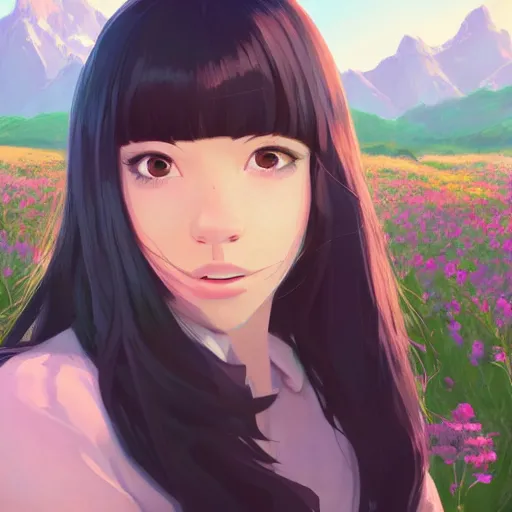 Image similar to portrait of teen girl with long black hair and bangs, detailed facial features, beautiful face, flower fields and mountains in the background, digital painting, artstation, highly detailed, by makoto shinkai and thomas kindle and James gilleard