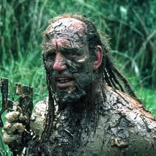 Image similar to film still of bill goldberg as major dutch, covered in mud and hiding from the predator predator predator in swamp scene in 1 9 8 7 movie predator, hd, 4 k