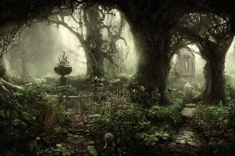 Image similar to secret garden, dark, spooky, dreamlike, in the style of pan's labyrinth movie, hyperrealistic, coherent composition, artstation, matte painting, concept art