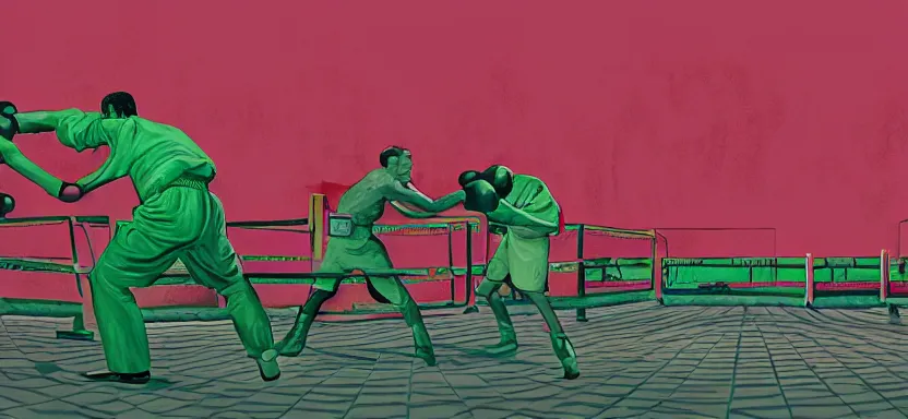 Prompt: handmade illustration of a vicious fight in an illegal boxing ring, bloody uppercut action shot knockout, line art, octane render with volumetric lighting, architectural illustration by MC Escher and cedric peyraavernay, industrial waste processing, bladerunner, green and red radioactive swamp, by Remedios Varo and Anato Finnstark and Greg Rutkowski, dayglo pink, dayglo blue, dazzle camouflage, 8k, trending on ArtStation