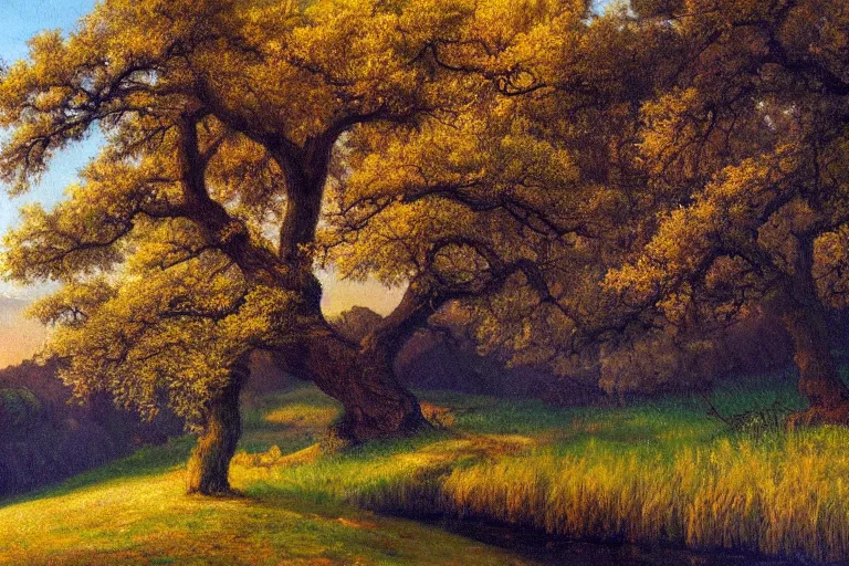 Image similar to masterpiece painting of oak trees on a hillside overlooking a creek, dramatic lighting