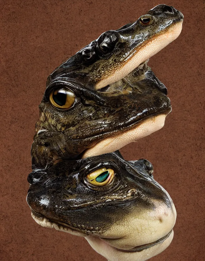 Image similar to high resolution photo portrait of muscular animal human merged head dolphin snake goat skin ears, background removed, scales skin frog dog rat, alligator cat merged bird head cow, chicken face morphed fish head, gills, horse head animal merge, morphing dog head, animal eyes, merging crocodile head, anthropomorphic creature