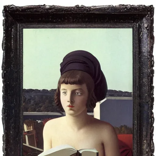 Image similar to a girl reading, vintage photo by magritte, by delacroix, strong lights, flat colors, pastel colors