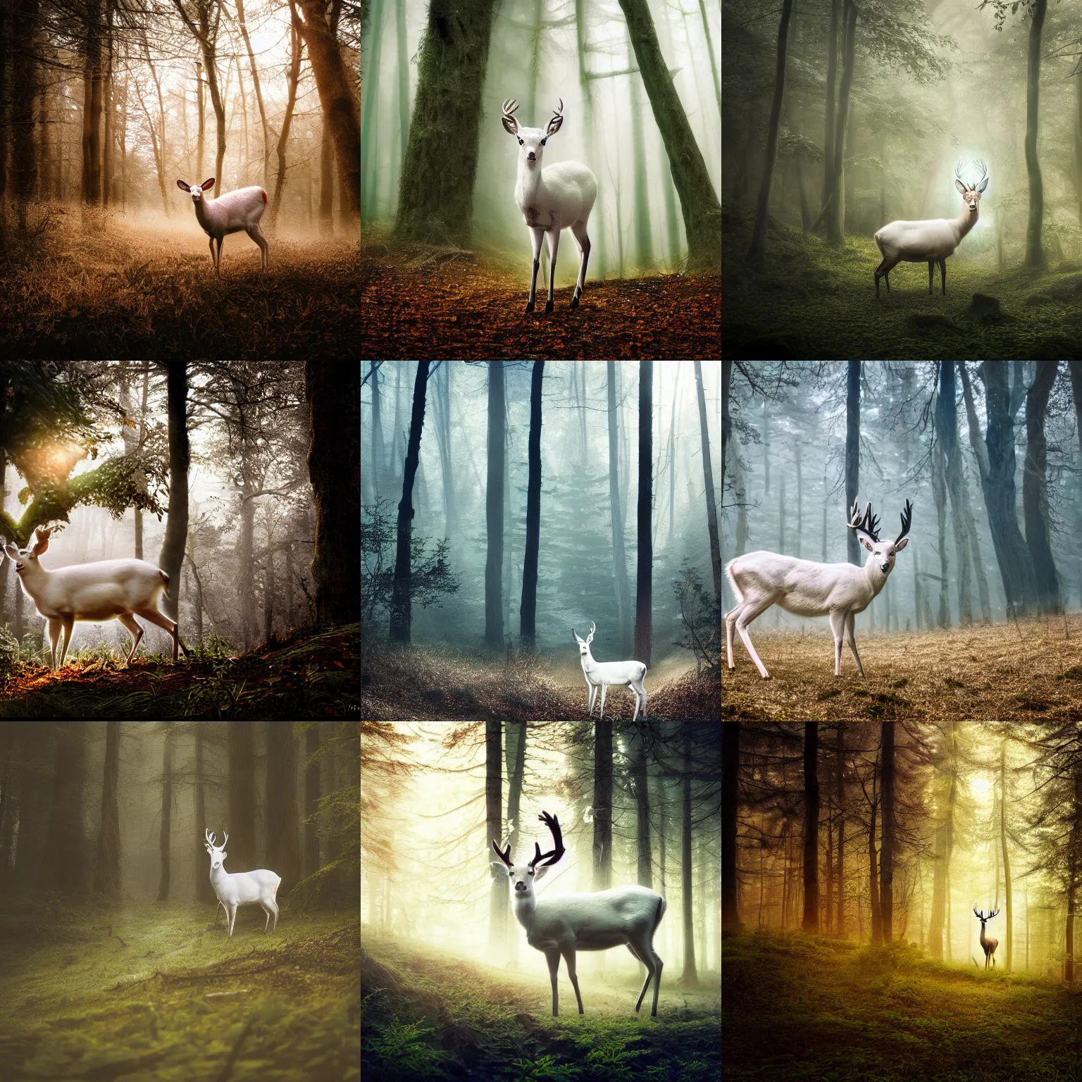 Prompt: a beautiful illustration of a white deer in a forest, fantasy, morning light, epic, mist, dreamy atmosphere, cinematic shot, high definition, detailed