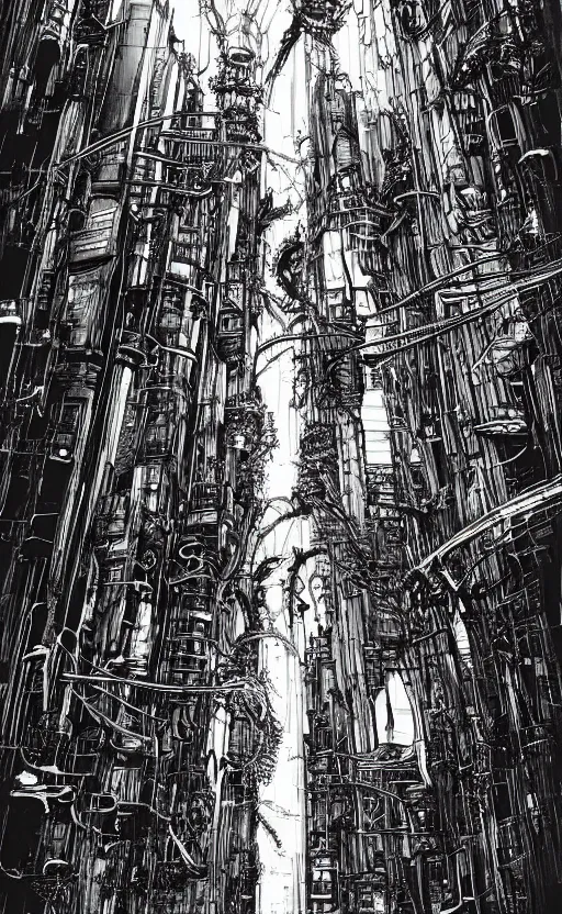 Image similar to minimalist city scene by tsutomu nihei, inked, minute details, desolation, hyper realistic, cosmic horror, biomechanical, beautiful