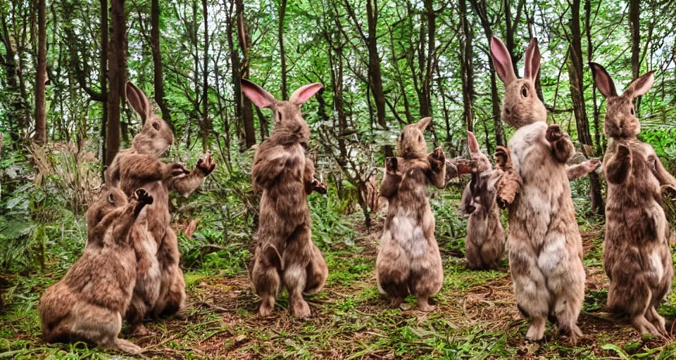 Image similar to shamanic ritual, A group of rabbits performing a shamanic ritual in a forest