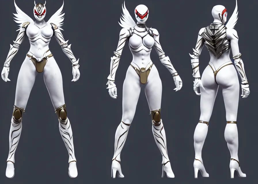 Image similar to female kamen rider character concept art sprite sheet of abstract white tiger concept, big belt, wing, human structure, concept art, hero action pose, human anatomy, intricate detail, hyperrealistic art and illustration by irakli nadar and alexandre ferra, unreal 5 engine highlly render, global illumination