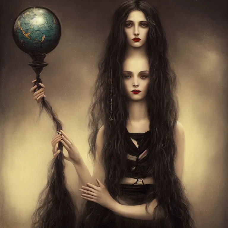 Image similar to a woman in black with long hair holding a small globe by tom bagshaw